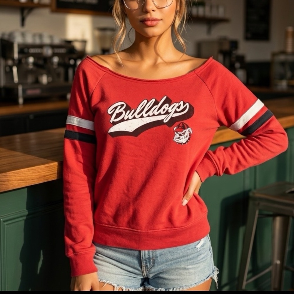 Knights Apparel Georgia Bulldogs Red Off-Shoulder Sweatshirt Womens Large 12/14